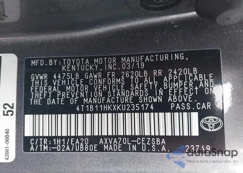 2019 Toyota Camry Se z USA, uszkodzony, nr VIN 4T1B11HKXKU235174